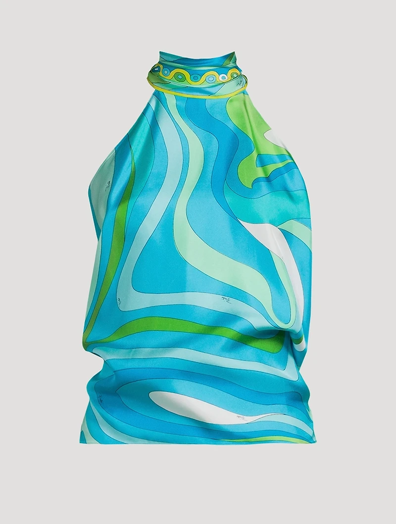 Silk Twill Halter Top In Marmo Print