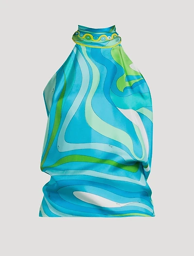 Silk Twill Halter Top In Marmo Print