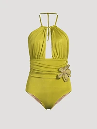Metallic Jersey One-Piece Halter Swimsuit