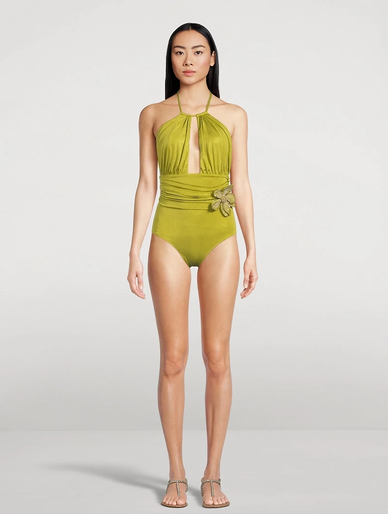 Metallic Jersey One-Piece Halter Swimsuit