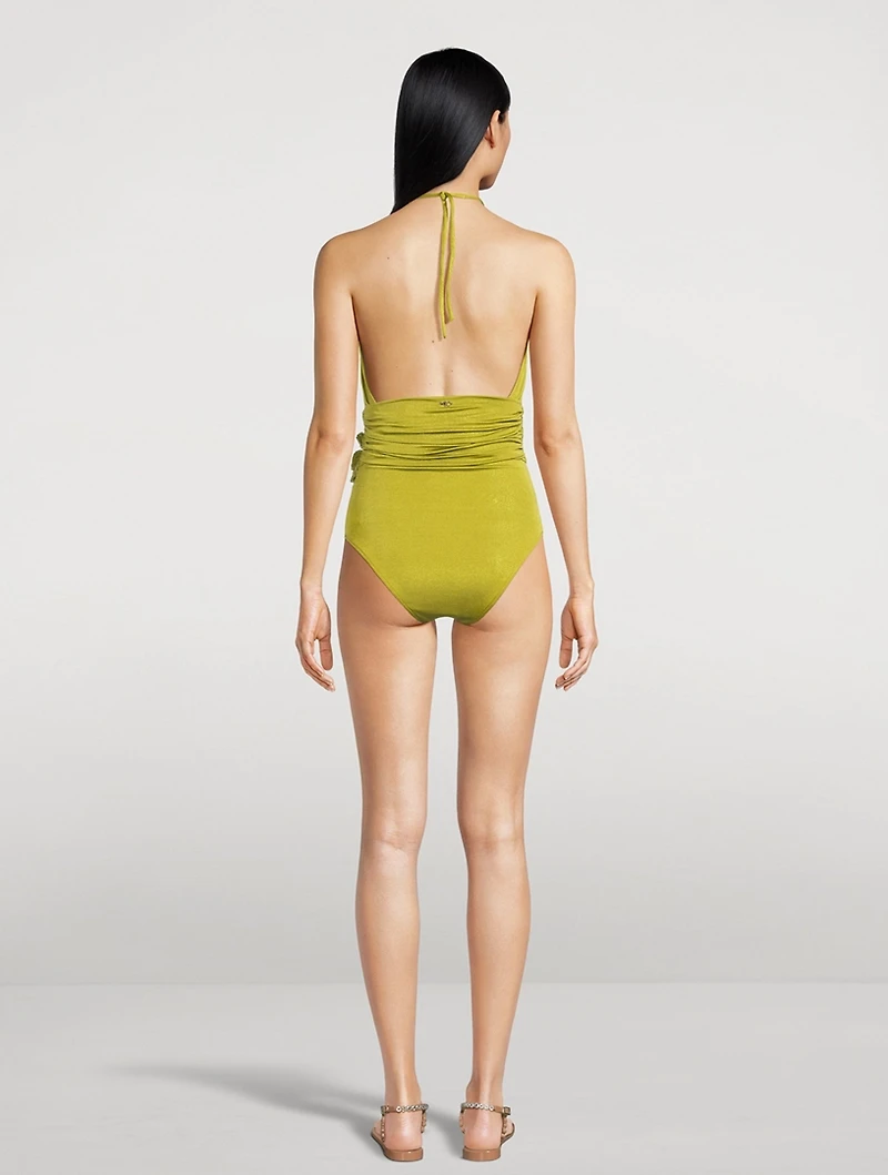 Metallic Jersey One-Piece Halter Swimsuit