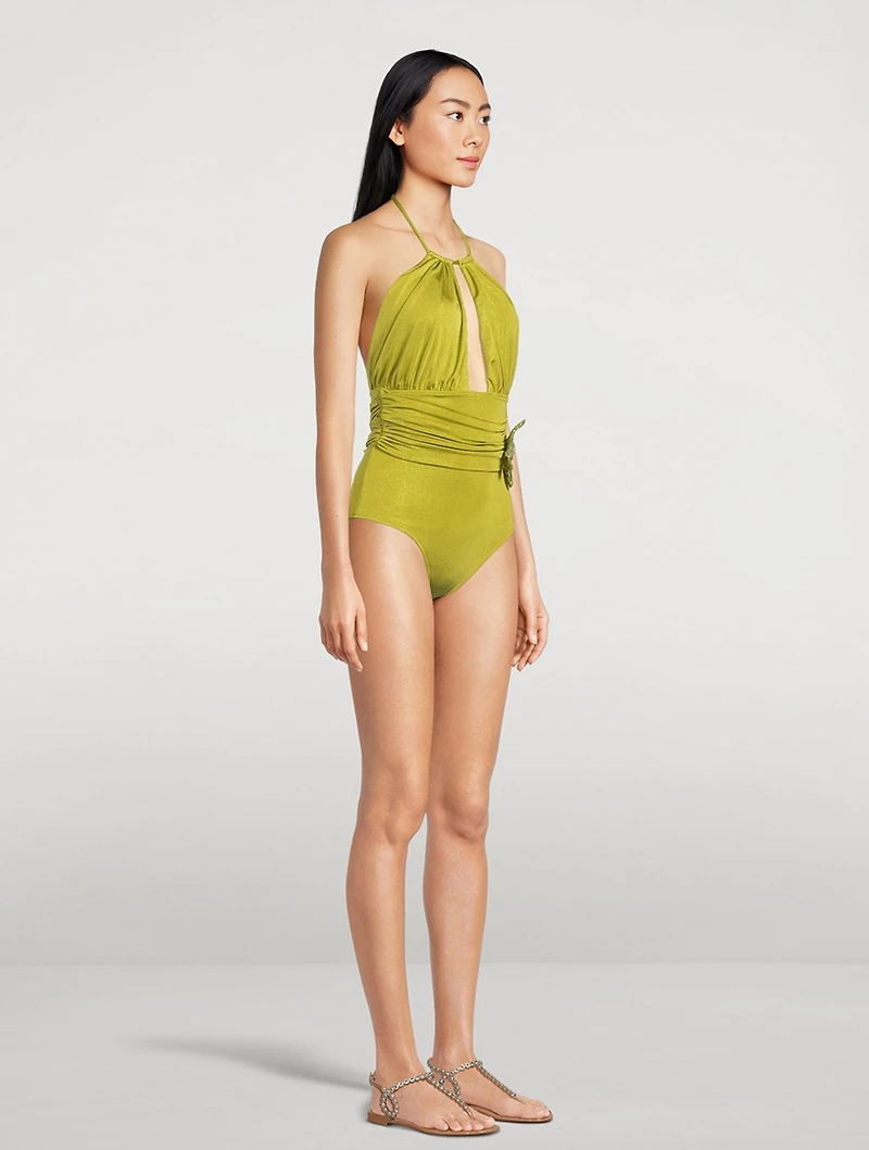 Metallic Jersey One-Piece Halter Swimsuit