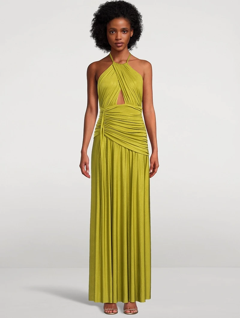 Metallic Jersey Halter Maxi Dress