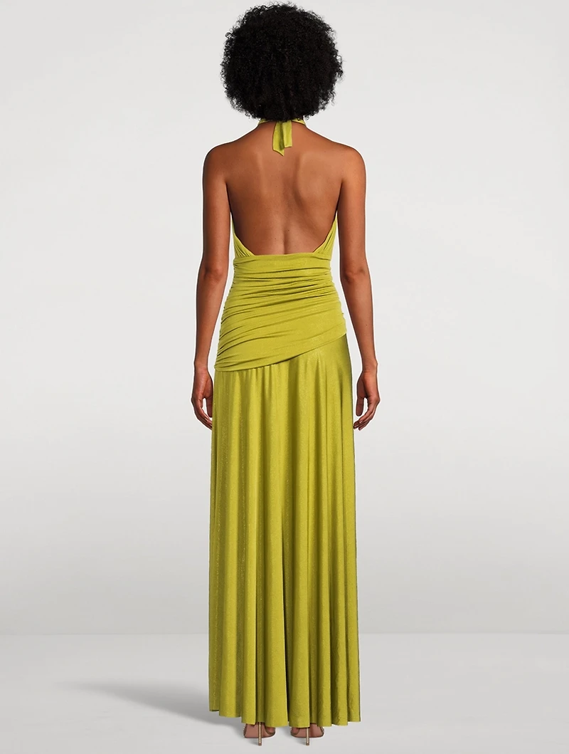 Metallic Jersey Halter Maxi Dress