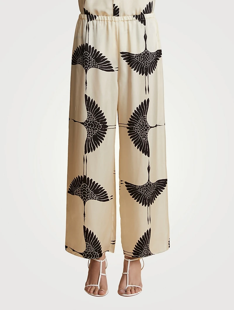 The Mindy Wide-Leg Satin Trousers Crane Print
