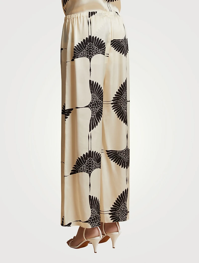 The Mindy Wide-Leg Satin Trousers Crane Print