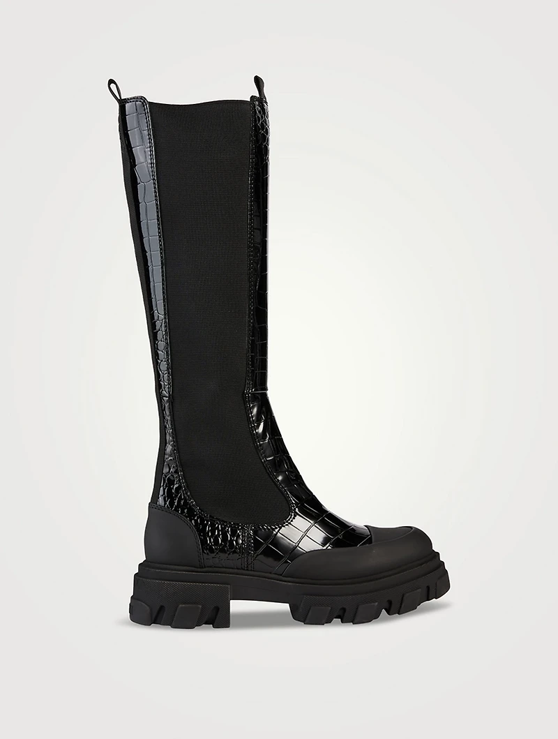 Croc-Embossed Patent Knee-High Boots