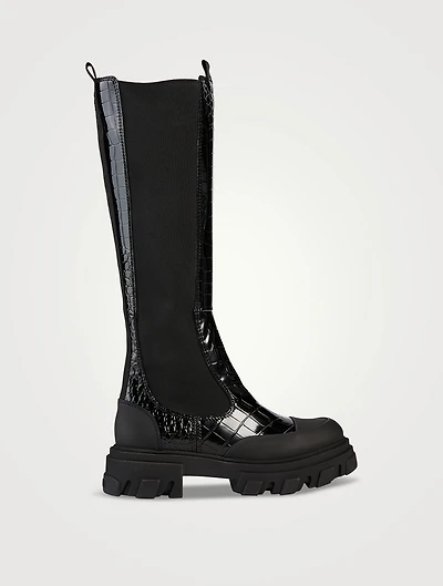 Croc-Embossed Patent Knee-High Boots