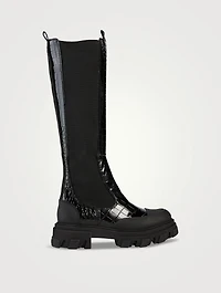 Croc-Embossed Patent Knee-High Boots