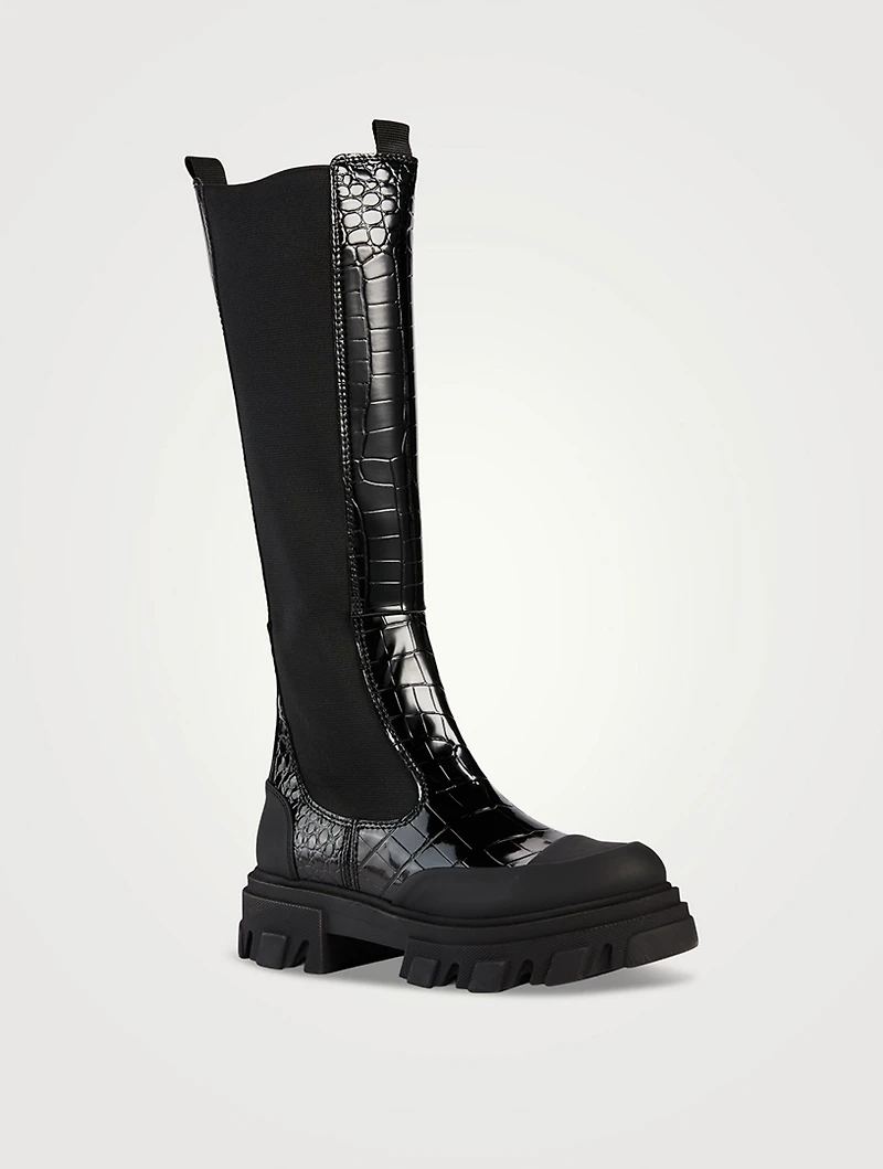 Croc-Embossed Patent Knee-High Boots
