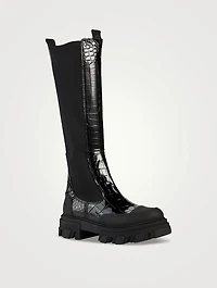 Croc-Embossed Patent Knee-High Boots