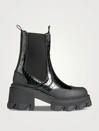 Croc-Embossed Patent Ankle Boots