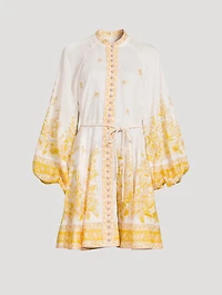 Golden Puff-Sleeve Linen Mini Dress Floral Print