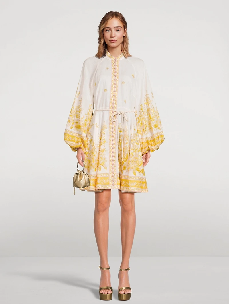 Golden Puff-Sleeve Linen Mini Dress Floral Print