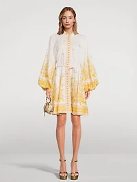 Golden Puff-Sleeve Linen Mini Dress Floral Print