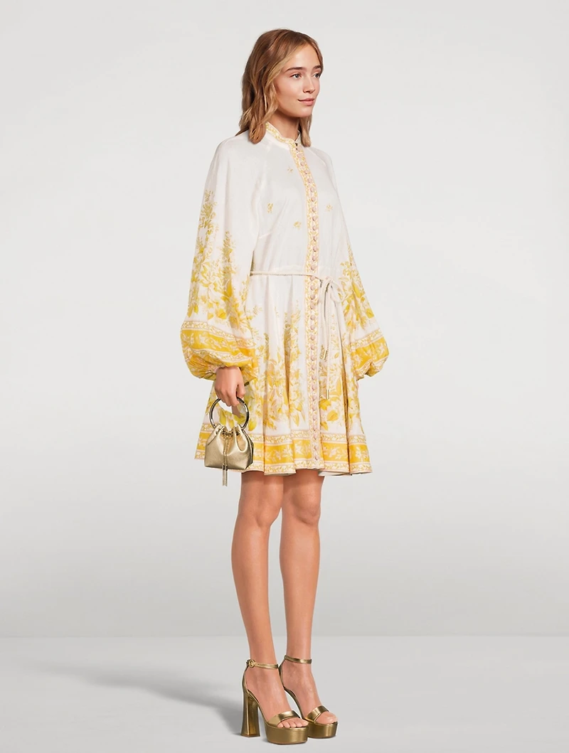 Golden Puff-Sleeve Linen Mini Dress Floral Print