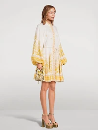 Golden Puff-Sleeve Linen Mini Dress Floral Print