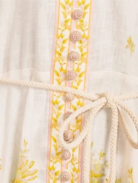 Golden Puff-Sleeve Linen Mini Dress Floral Print