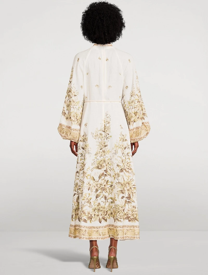 Golden Puff-Sleeve Linen Midi Dress Floral Print
