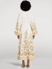 Golden Puff-Sleeve Linen Midi Dress Floral Print