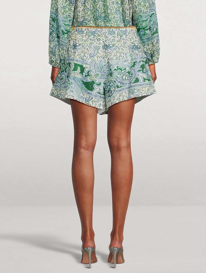Ottie Belted Linen Shorts Paisley Print