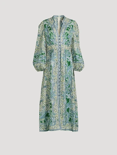 Ottie Puff-Sleeve Linen Midi Dress Paisley Print
