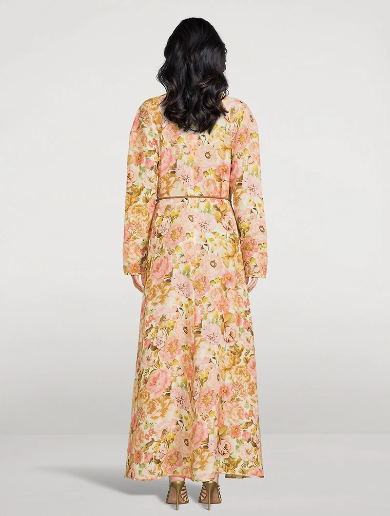 Golden Linen Maxi Dress Floral Print