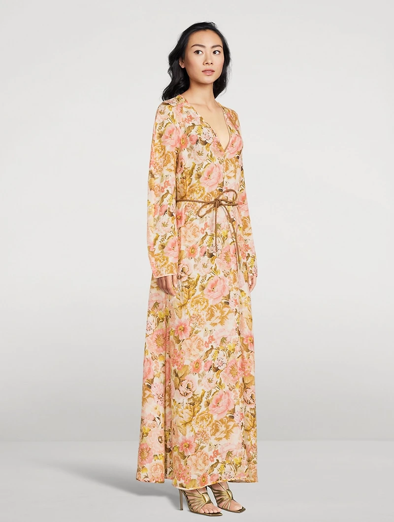 Golden Linen Maxi Dress Floral Print