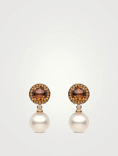 18K Rose Gold Pearl And Diamond Earrings With Gemstones
