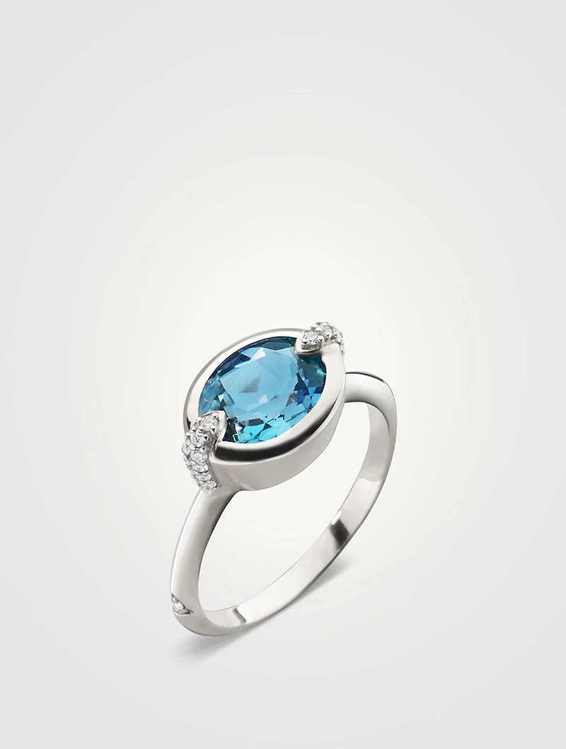 Points North Silver Oval Blue Topaz Ring With White Sapphire