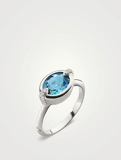 Points North Silver Oval Blue Topaz Ring With White Sapphire