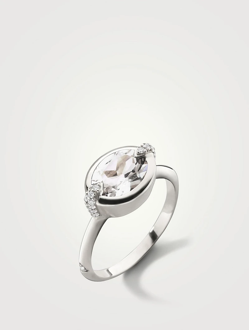 Points North Silver Oval Rock Crystal Ring With White Sapphire