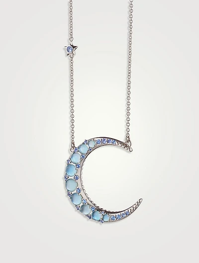 Silver Crescent Moon Necklace With Blue Topaz And White Sapphire