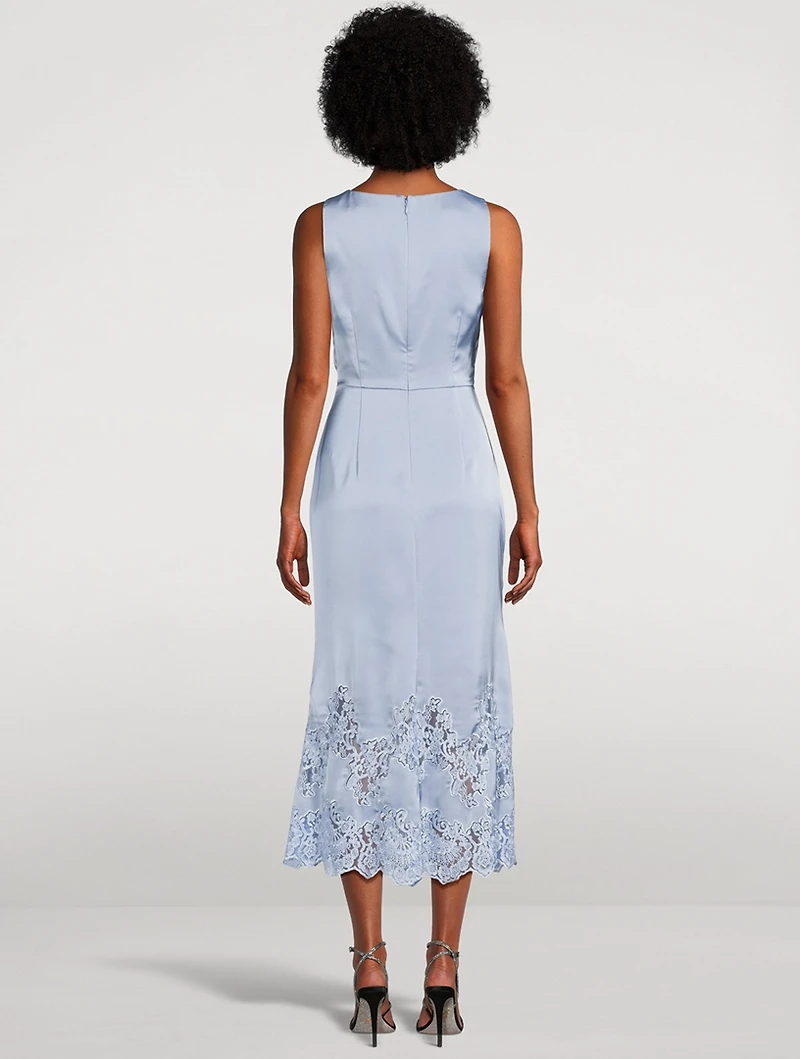 Lace-Trimmed Cut-Out Satin Midi Dress