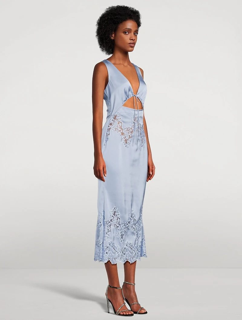 Lace-Trimmed Cut-Out Satin Midi Dress