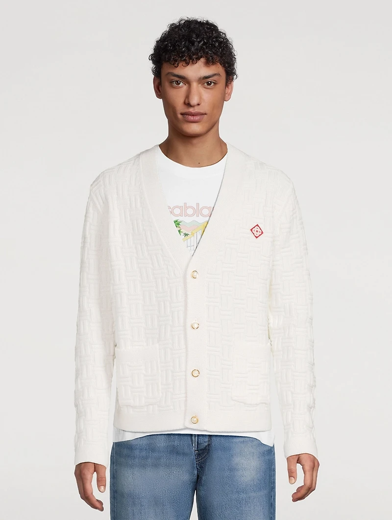 Stretch Wool Column-Stitch Cardigan