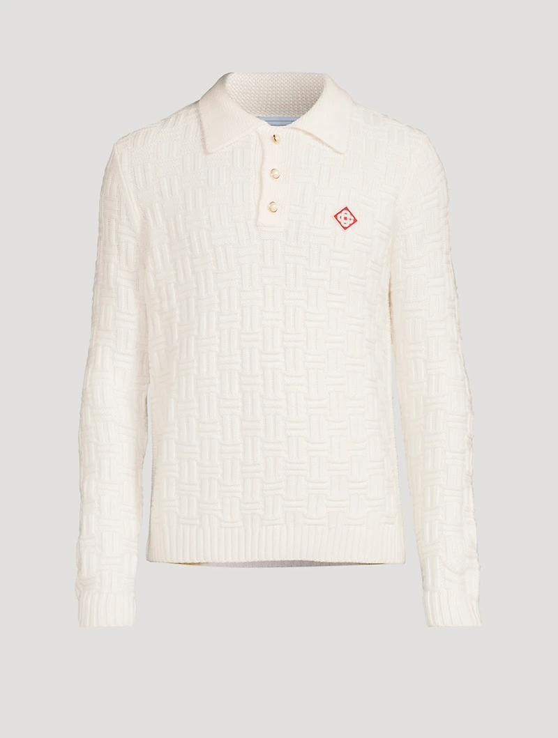 Stretch Wool Column-Knit Polo Sweater