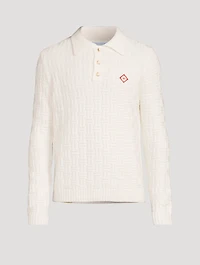 Stretch Wool Column-Knit Polo Sweater