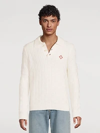 Stretch Wool Column-Knit Polo Sweater