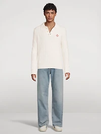 Stretch Wool Column-Knit Polo Sweater