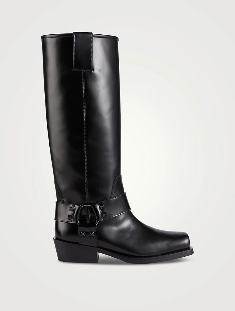 Rockstud Leather Knee-High Moto Boots