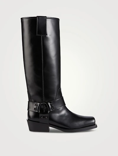 Rockstud Leather Knee-High Moto Boots