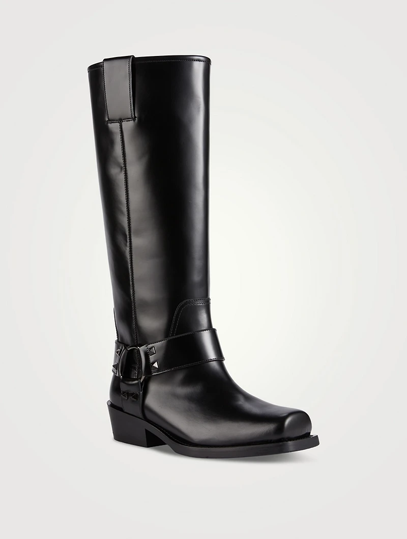 Rockstud Leather Knee-High Moto Boots