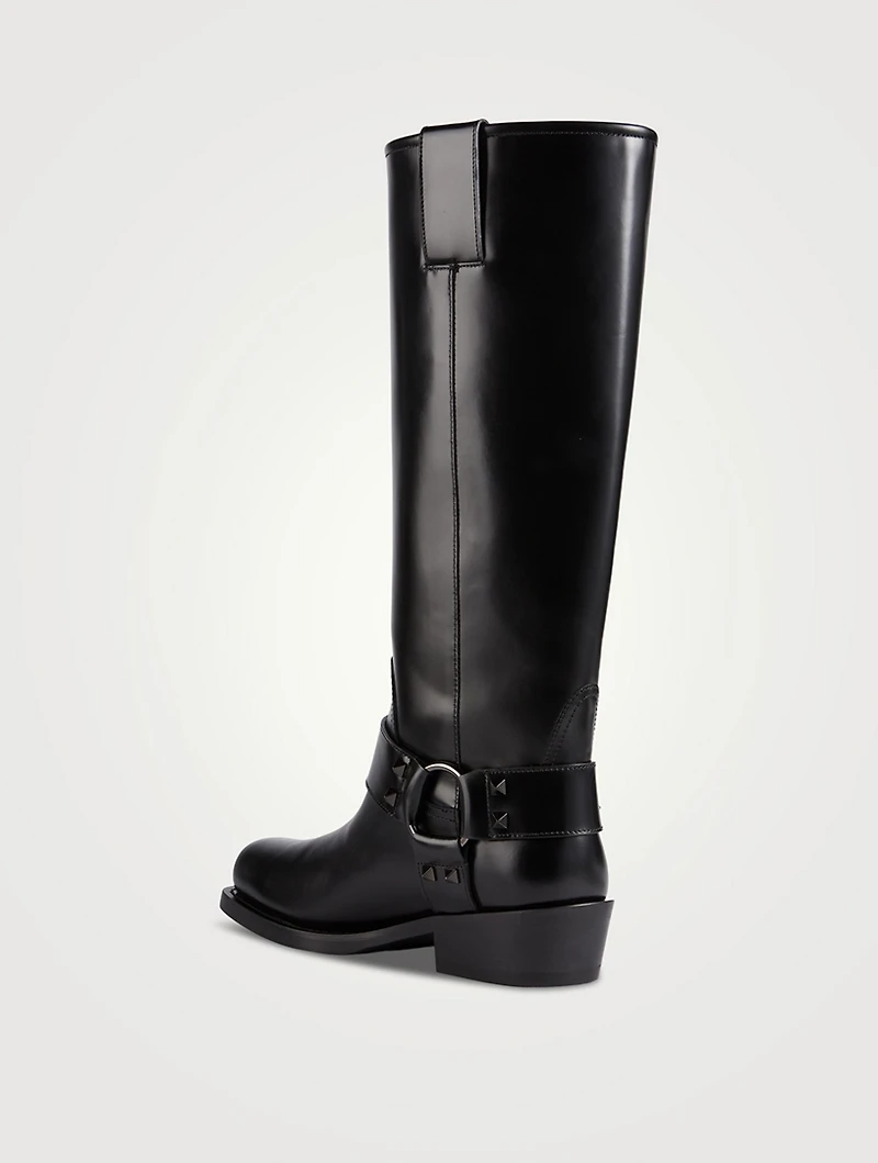 Rockstud Leather Knee-High Moto Boots