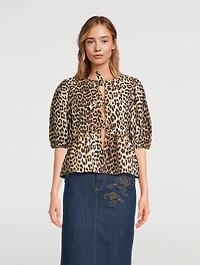 Tie-Front Poplin Blouse Leopard Print