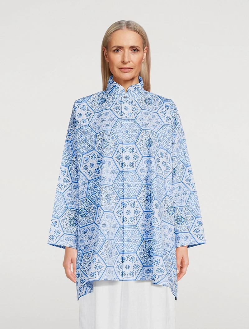 Double Stand Collar Poplin Shirt Hexagonal Tile Print