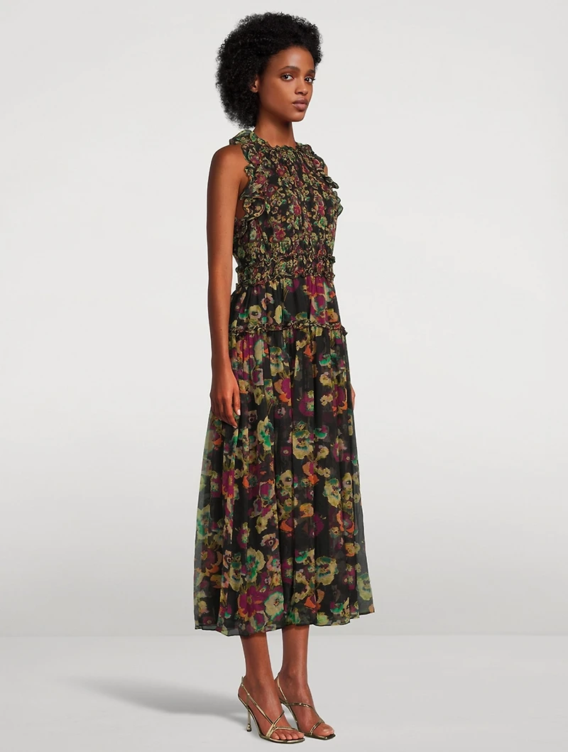 Elea Silk Chiffon Midi Dress Floral Print