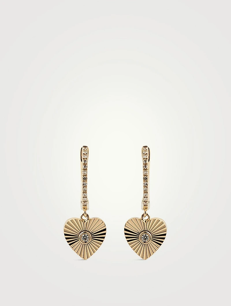 14K Gold Fluted Heart Drop Huggie Earrings With Diamonds