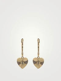 14K Gold Fluted Heart Drop Huggie Earrings With Diamonds