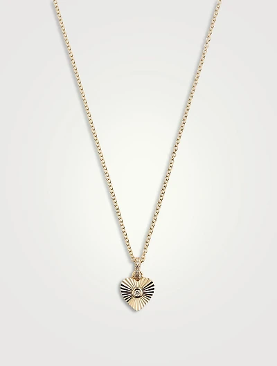 14K Gold Fluted Heart Peddant Necklace With Diamonds